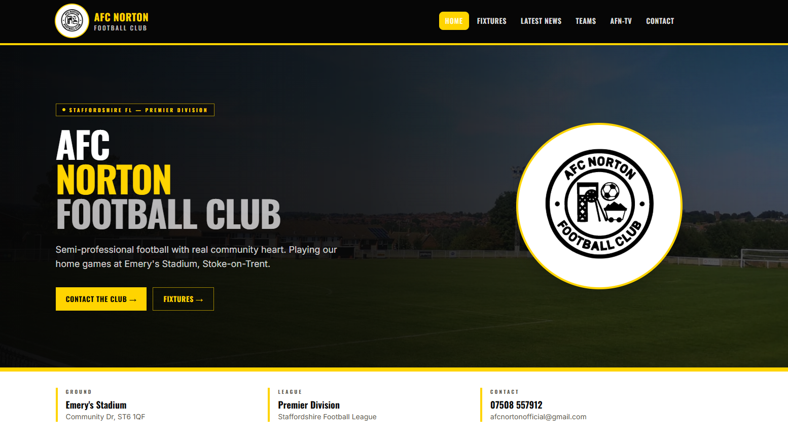 AFC Norton homepage with club crest and stadium hero image