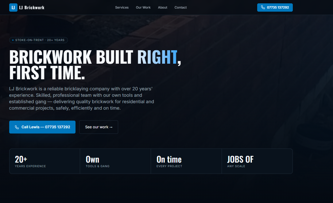 LJ Brickwork homepage with hero headline and click-to-call button
